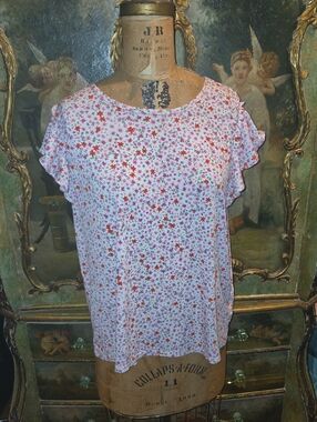 CeCe Pink and Red Floral Ruffle Sleeve Blouse Sz XL